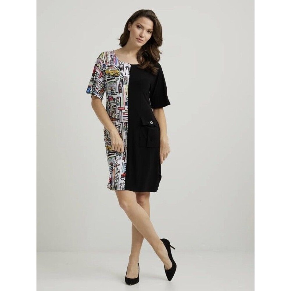 Joseph Ribkoff Dress 14/XL Black Urban City Graphic Print Stretch Jersey Artsy